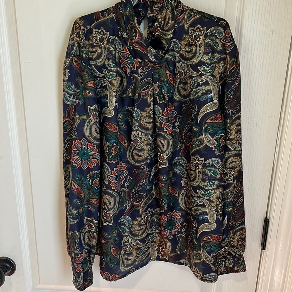 Vintage Notches paisley print blouse high neck size 16